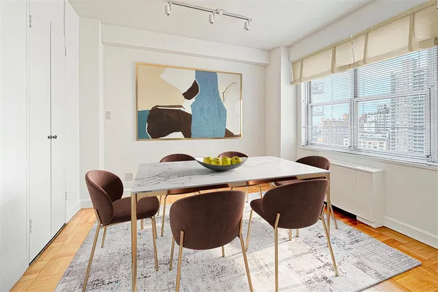 a dining room with furniture and a window