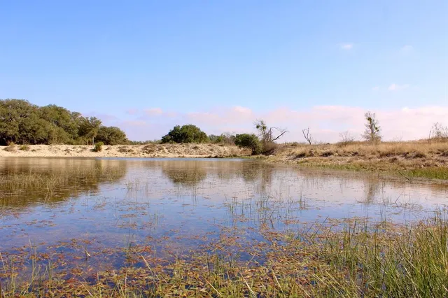 a view of a lake with houses in the back