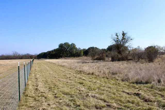 a view of a dry yard with wooden fence