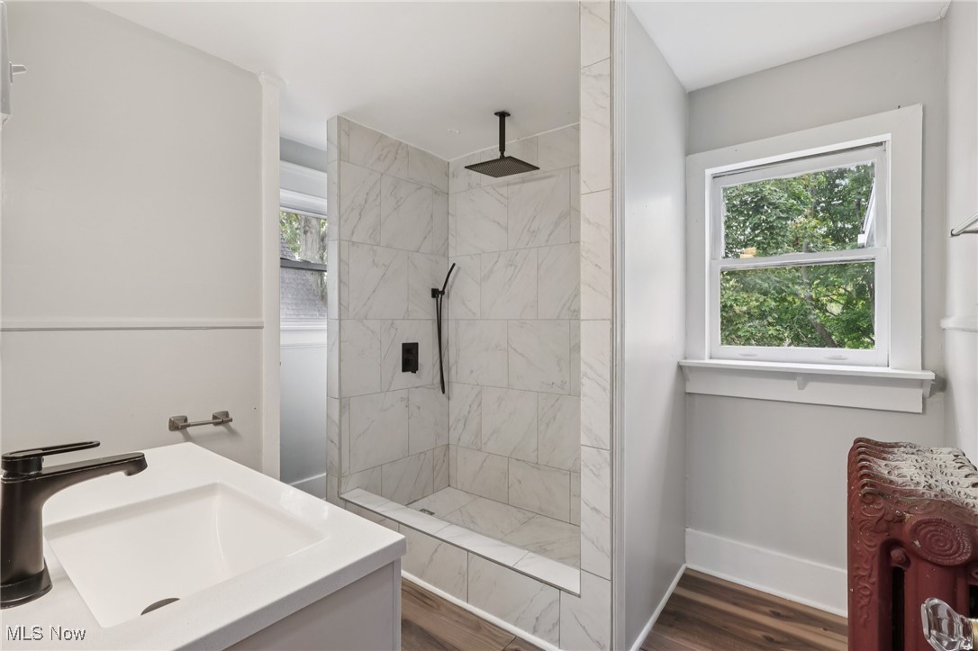 748 Chalker Street Akron, OH 44310 - Photo 28 of 48 Full bath with a marble finish shower, dark wood-type flooring, and vanity