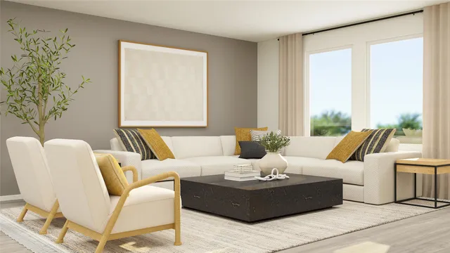 a living room with furniture and floor to ceiling windows