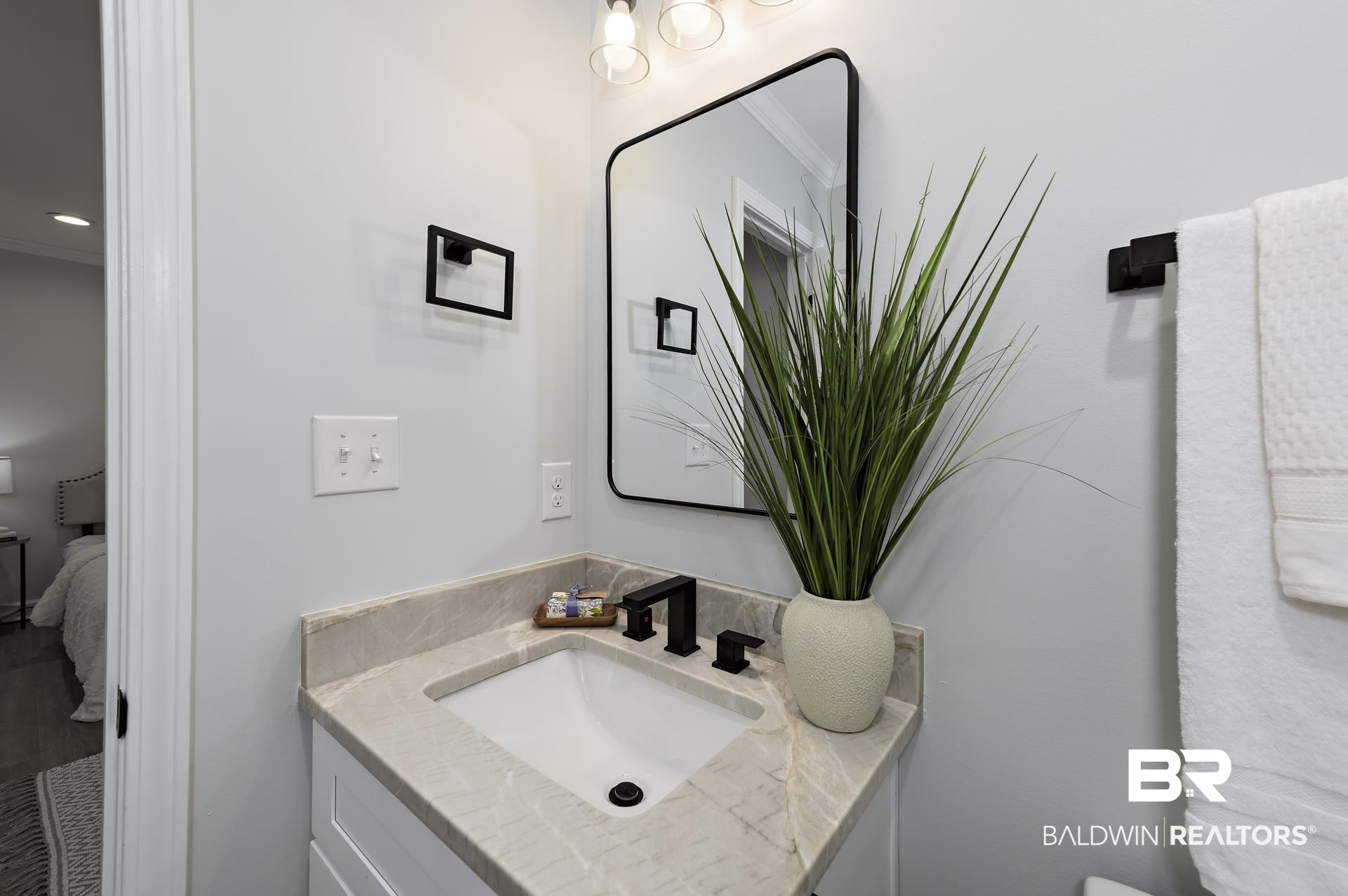 6001 Camp Halls Mill Road Mobile, AL 36619 - Photo 37 of 52 Bathroom with vanity, crown molding, and ensuite bath