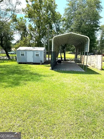 a garden view with a seating space