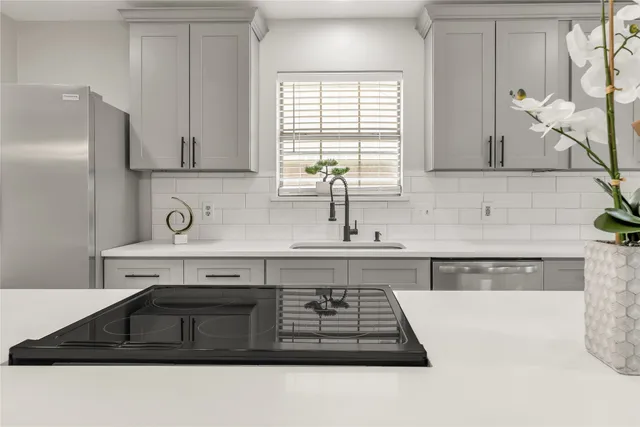 a close view of sink and cabinets