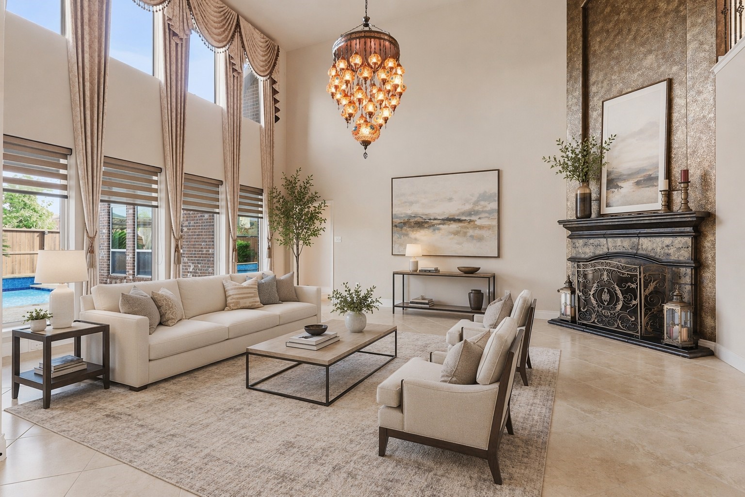 4130 Clover Ridge Lane Sugar Land, TX 77479 - Photo 1 of 48 This virtually staged photo showcases a spacious and elegant family room with high ceilings, custom chamdelier and fireplace as a focalpoint.