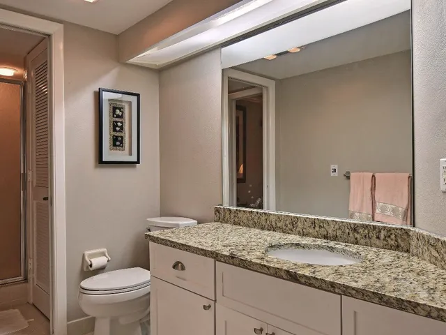 a bathroom with a granite countertop toilet a sink and a mirror