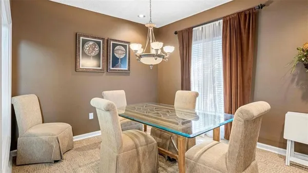 a view of a dining room with furniture and window