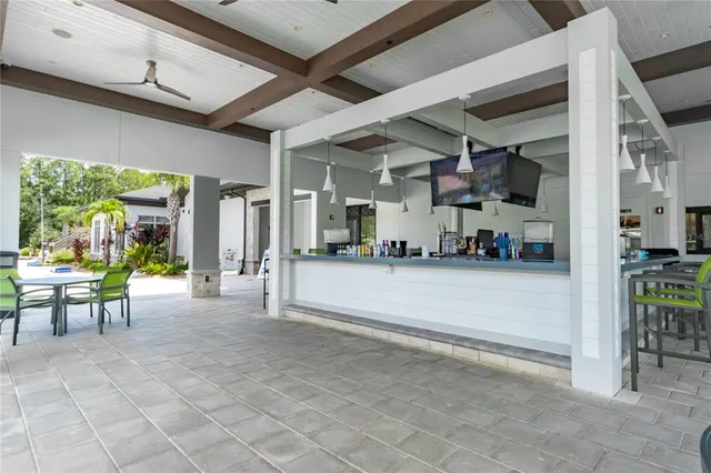 a view of a swimming pool with a garden and plants