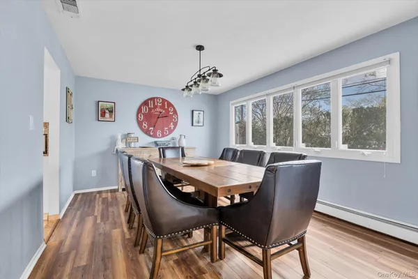 a view of a dining room with furniture window and wooden floor