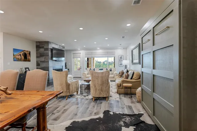 a living room with furniture and a table