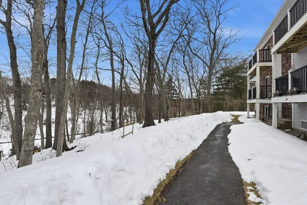 a view of a house with snow in the background