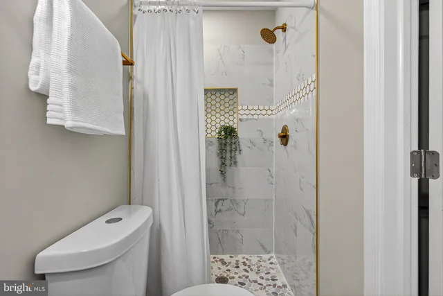 a bathroom with a shower and toilet