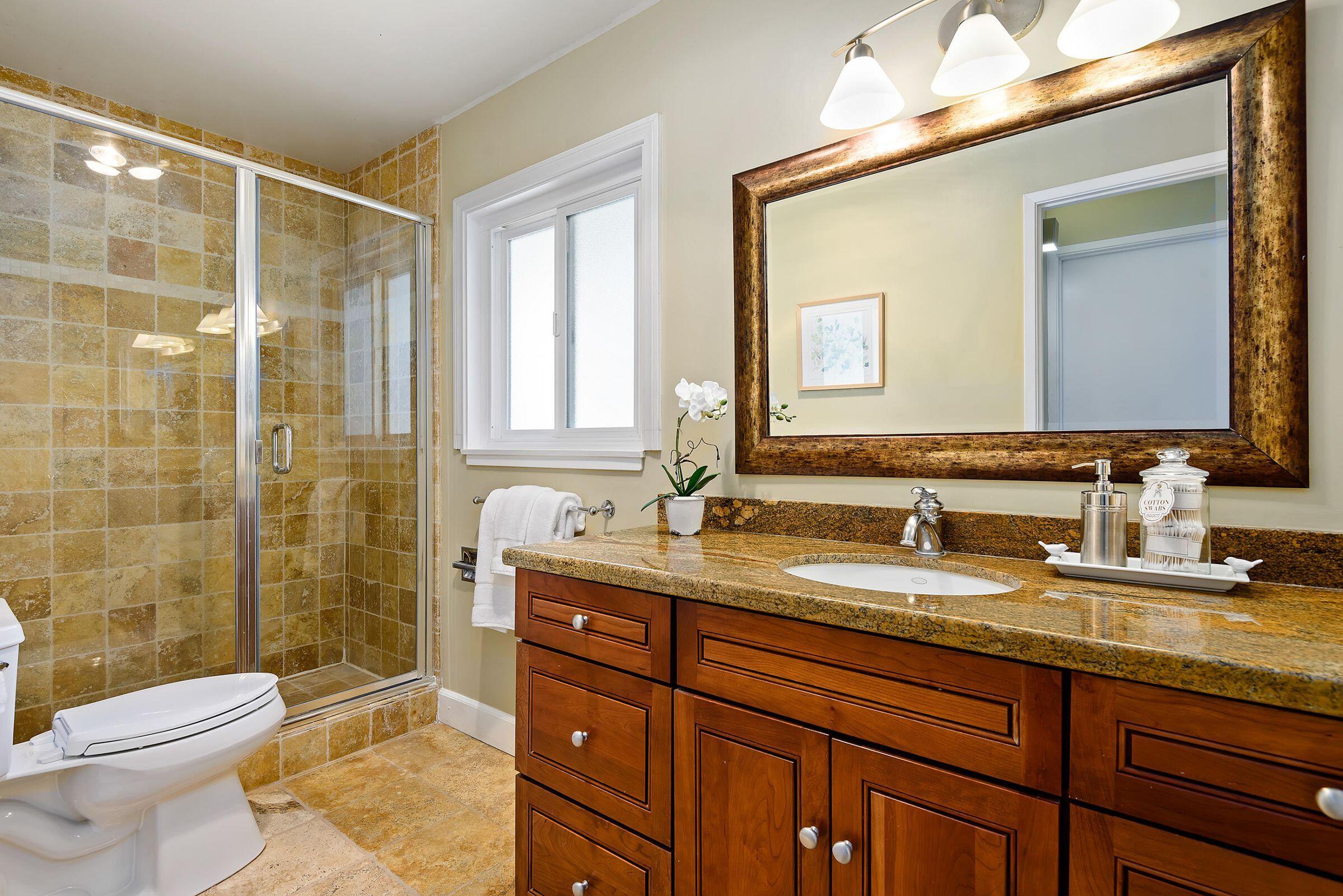 847 Cieneguitas Road Santa Barbara, CA 93110 - Photo 11 of 15 a bathroom with a granite countertop toilet sink and a mirror