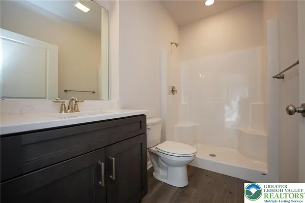 a bathroom with a sink a toilet a shower and a mirror