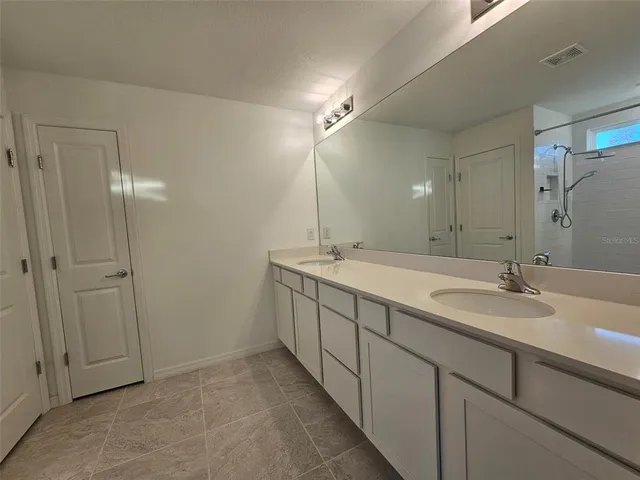 a bathroom with a double vanity sink mirror and shower