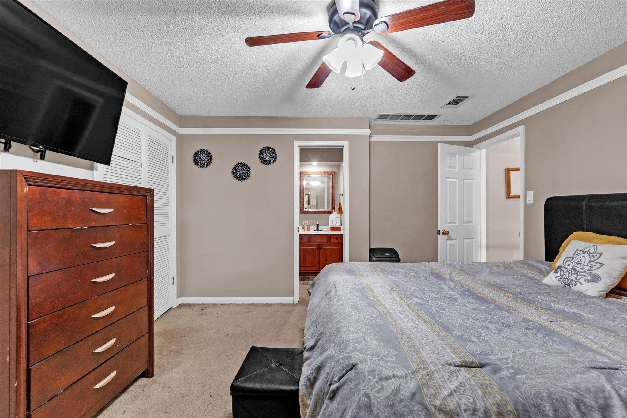 480 Friars Point Lane Memphis, TN 38018 - Photo 16 of 26 Bedroom featuring a textured ceiling, light colored carpet, ceiling fan, and connected bathroom