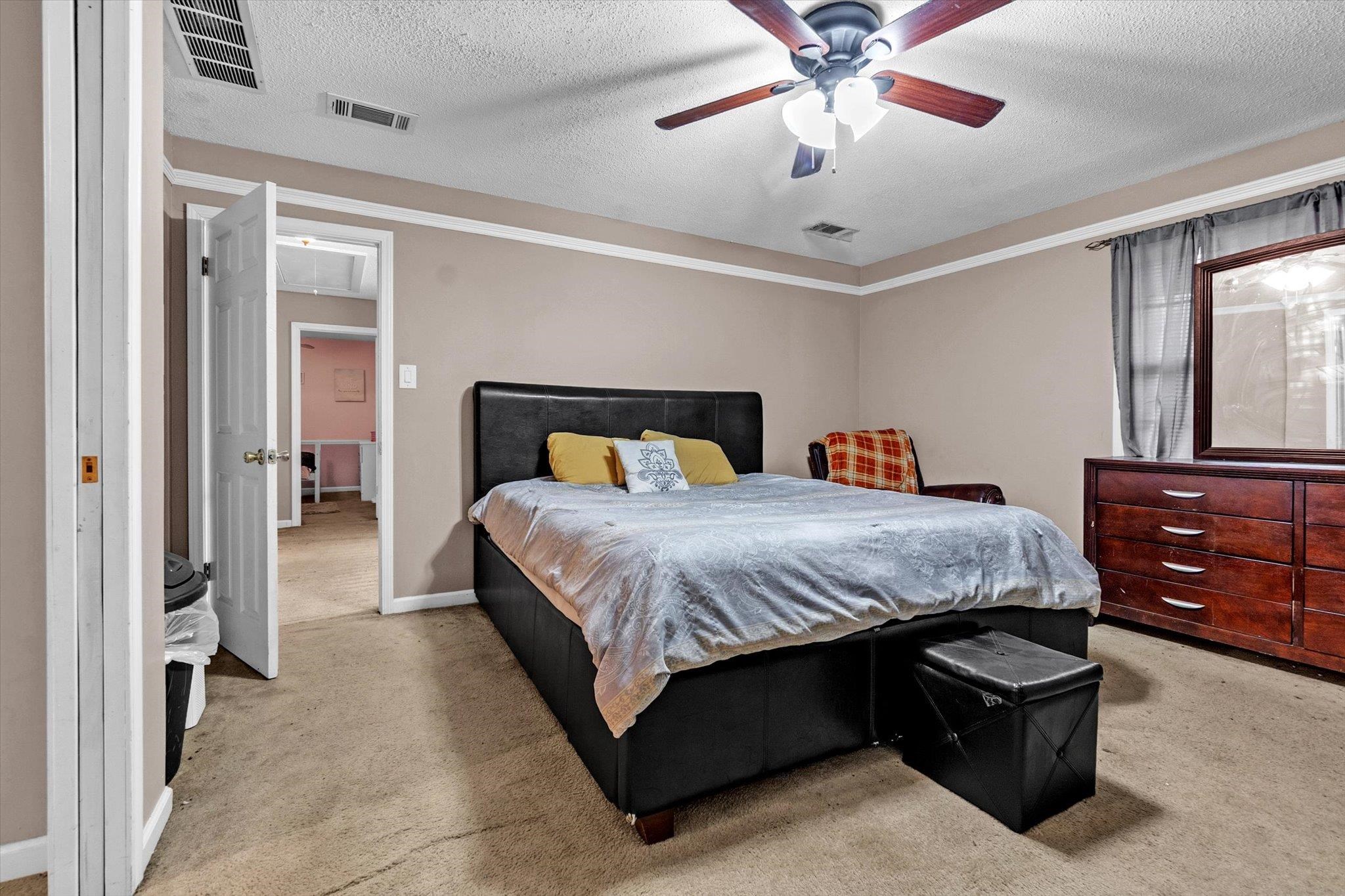 480 Friars Point Lane Memphis, TN 38018 - Photo 17 of 26 Bedroom featuring light colored carpet, a textured ceiling, and ceiling fan