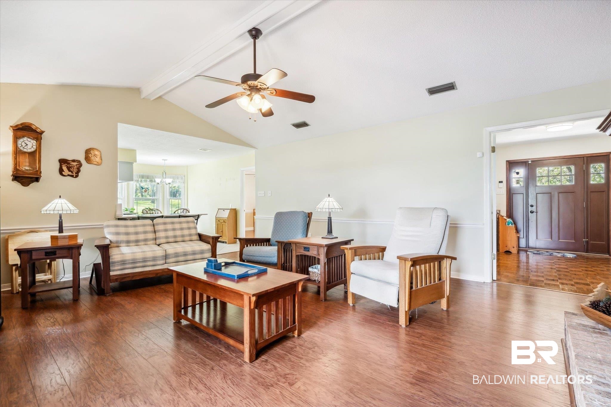 8710 Three Notch Road Mobile, AL 36619 - Photo 2 of 30 Living room with hardwood / wood-style floors, lofted ceiling with beams, and ceiling fan