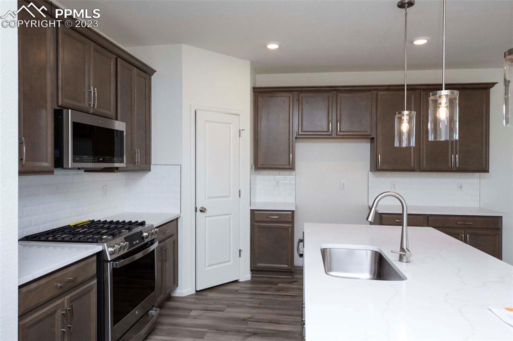 2057 Peachleaf Loop Castle Rock, CO 80108 - Photo 10 of 23 a kitchen with stainless steel appliances granite countertop a sink stove and refrigerator