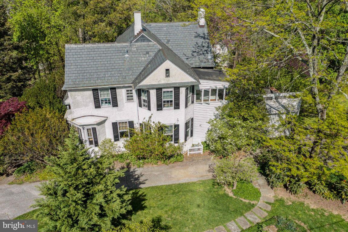 an aerial view of a house with a yard and potted plants