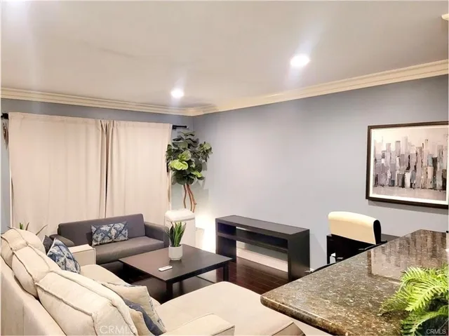 a living room with furniture and a potted plant