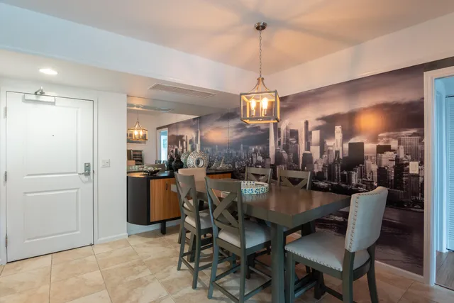 a view of a dining room with furniture
