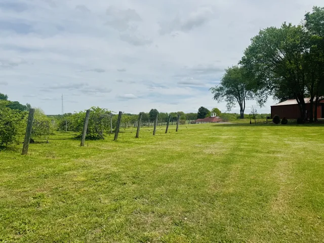 a backyard of a house with table and chairs