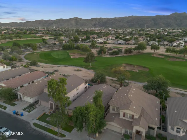 an aerial view of green landscape with trees houses and mountain view