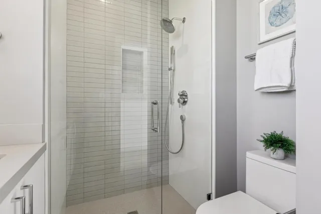 a bathroom with a shower and a toilet