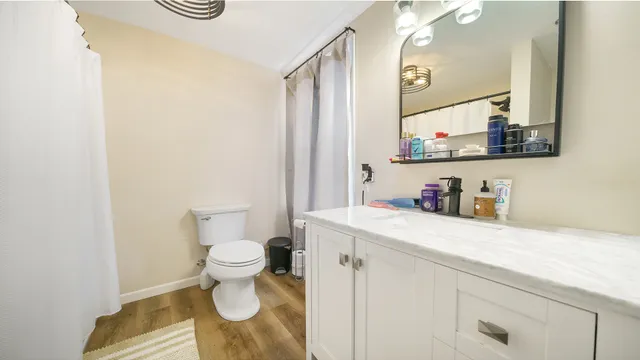 a bathroom with a sink a toilet and mirror