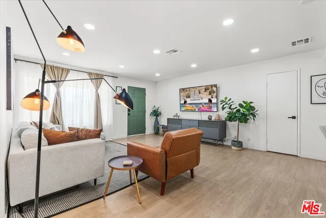 a living room with furniture and a potted plant