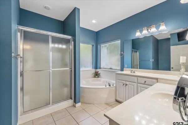 a spacious bathroom with a shower a mirror and a bathtub