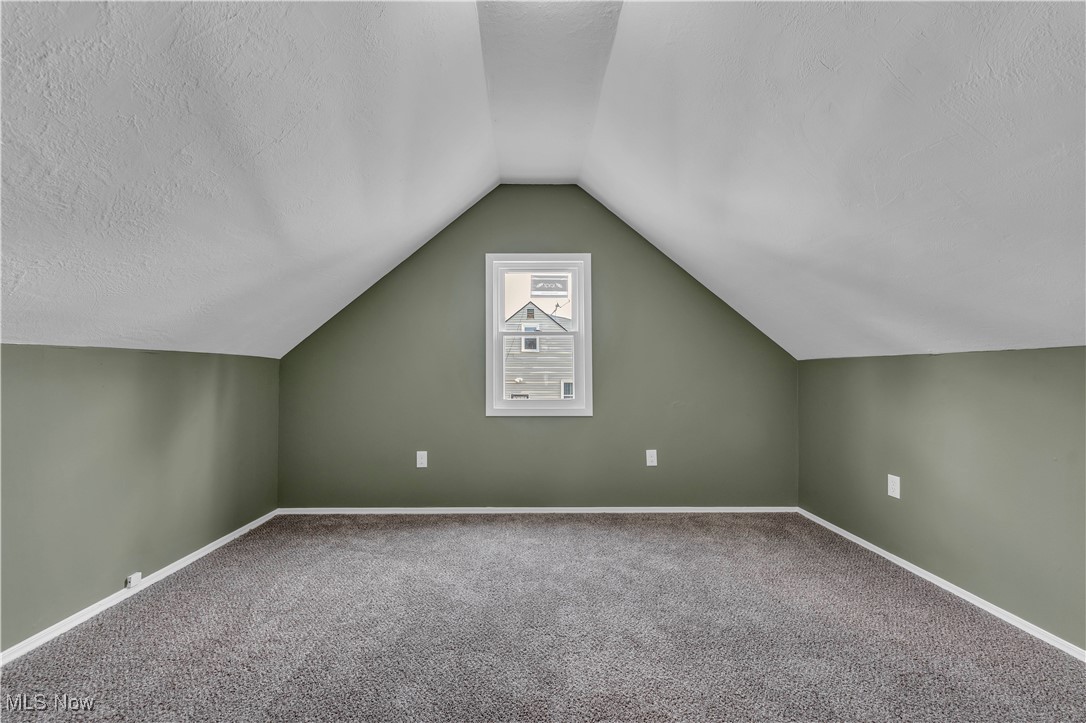 20813 Hansen Road Maple Heights, OH 44137 - Photo 24 of 40 Additional living space featuring carpet, vaulted ceiling, and a textured ceiling