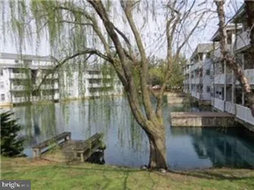 a view of a lake in between of two buildings