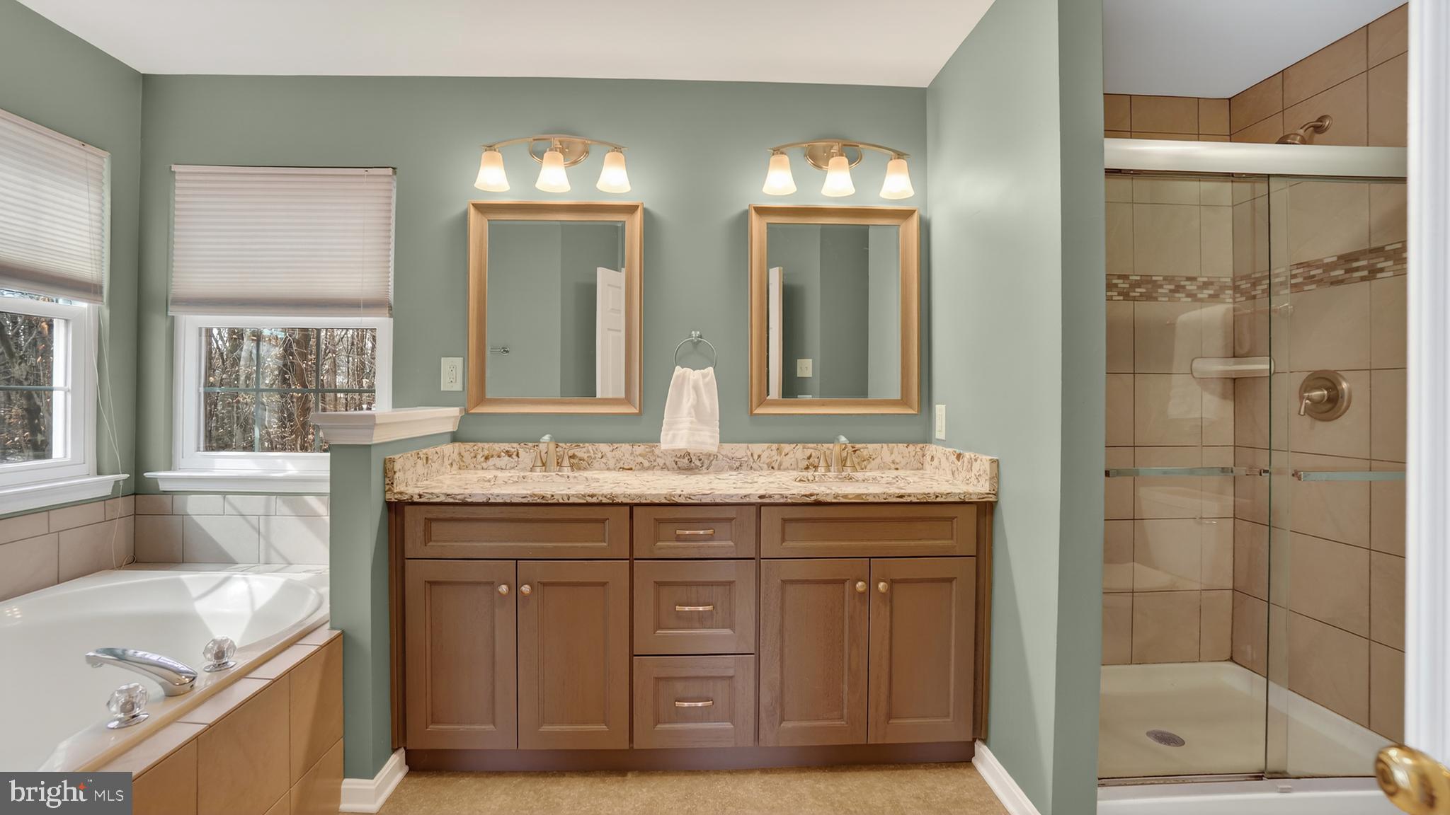 2806 Erna Court Crofton, MD 21054 - Photo 31 of 60 a bathroom with a granite countertop sink mirror and a bathtub