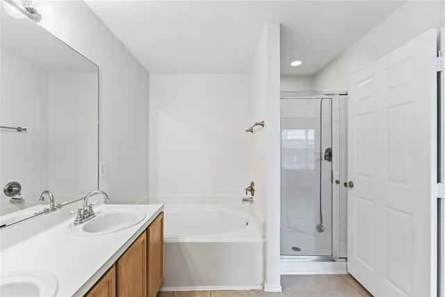 a bathroom with a bath tub sink mirror and shower