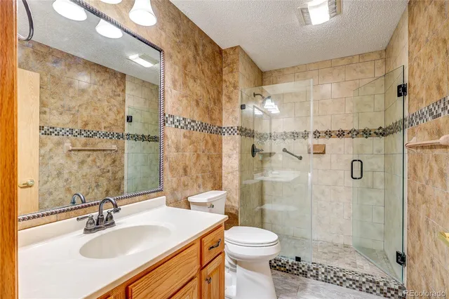 a bathroom with a sink toilet a mirror and shower