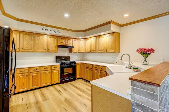 a kitchen with stainless steel appliances granite countertop a sink a stove and a refrigerator