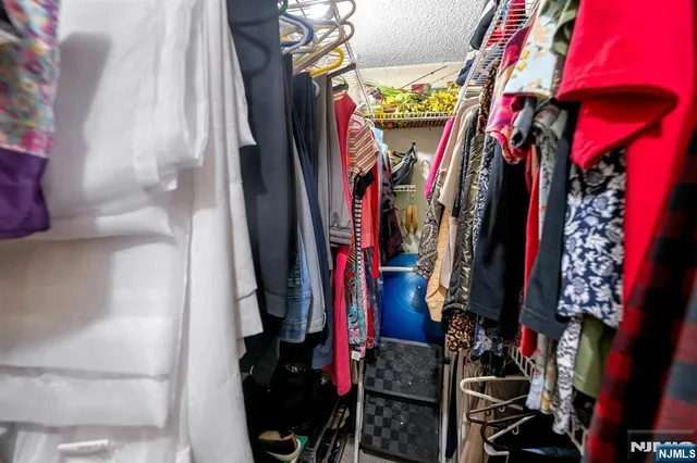 a view of walk in closet with clothes