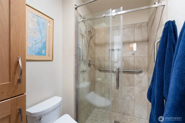 a bathroom with a shower and toilet
