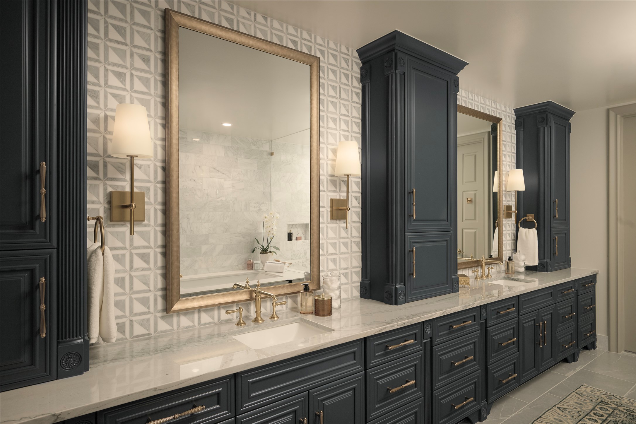 1717 Bissonnet Street, Unit 808 Houston, TX 77005 - Photo 18 of 35 Primary bathroom with double vanities, designer finishes, Quartzite counters and marble tiled wall accents.