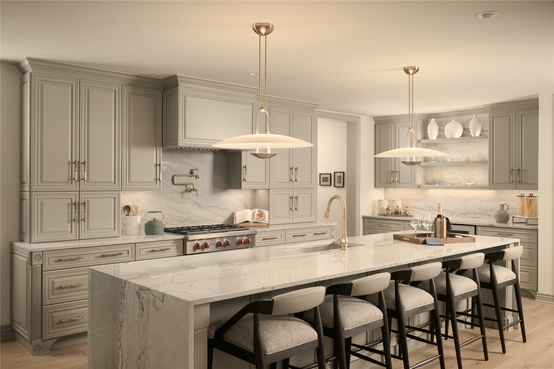 1717 Bissonnet Street, Unit 808 Houston, TX 77005 - Photo 3 of 35 Island kitchen with custom cabinetry offering open shelving and generous storage.