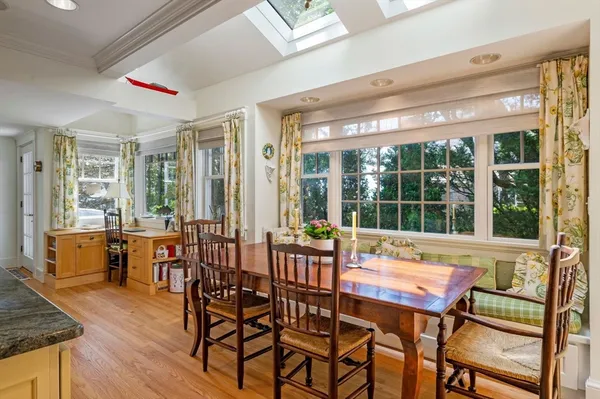 a view of a dining room with furniture window and outside view