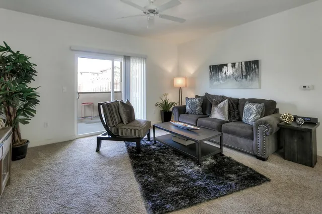 a living room with furniture and a potted plant