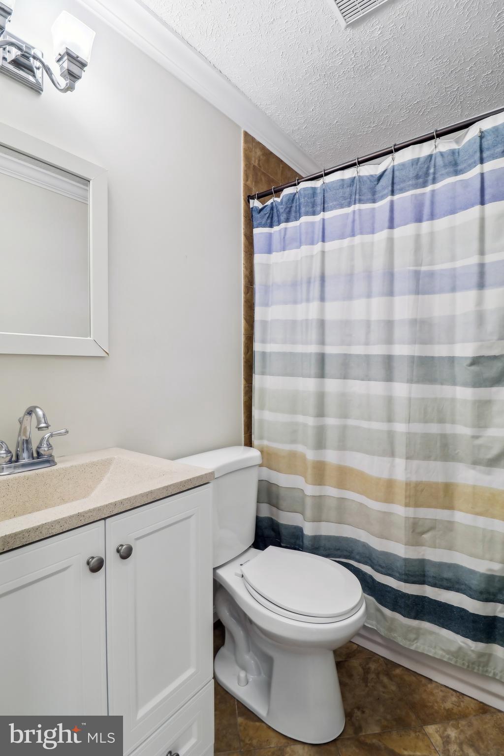 1809 Keymar Road Edgewater, MD 21037 - Photo 14 of 49 a bathroom with a sink a toilet and shower curtain