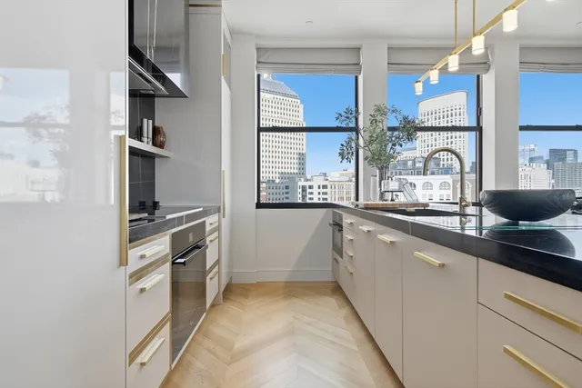 a large kitchen with stainless steel appliances granite countertop a lot of counter space and a sink