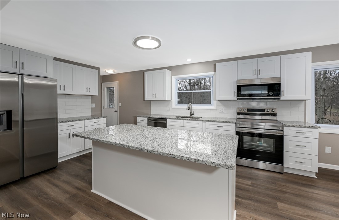773 Bishop Road Cleveland, OH 44143 - Photo 14 of 34 Kitchen with appliances with stainless steel finishes, tasteful backsplash, dark hardwood / wood-style floors, and light stone countertops