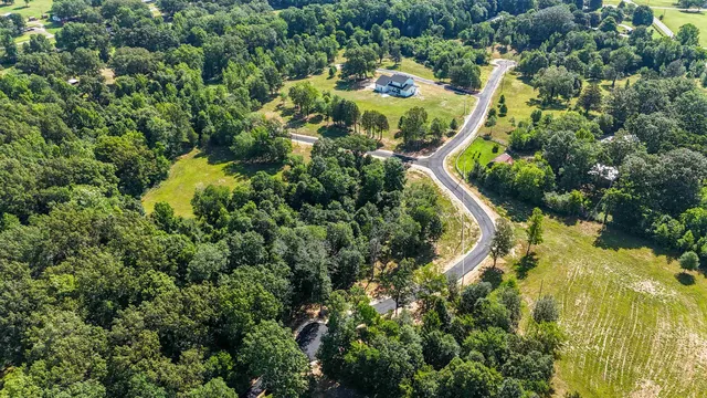 an aerial view of residential houses with outdoor space and trees all around
