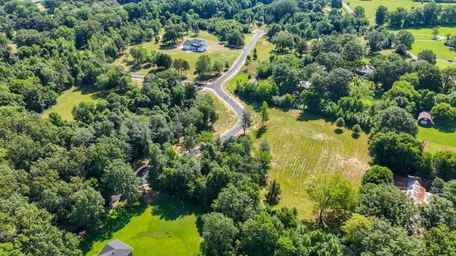 an aerial view of residential houses with outdoor space and trees all around