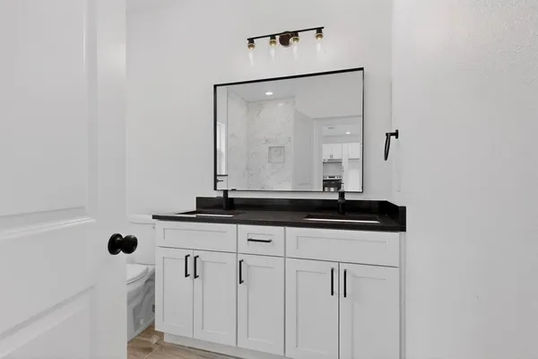 a bathroom with a sink and a mirror